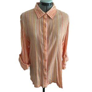 Studio Works Striped Button-Up Shirt Cotton Blend Orange & Pink, Size XL